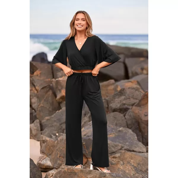 imagePRETTYGARDEN 2 Piece Outfits for Women 2023 Summer Short Sleeve Wrap V Neck Crop Tops Wide Leg Pants SetBlack