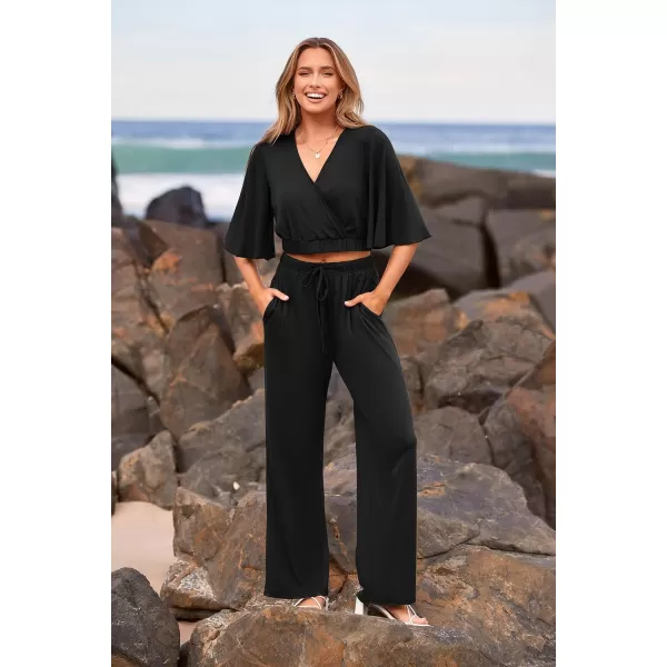 imagePRETTYGARDEN 2 Piece Outfits for Women 2023 Summer Short Sleeve Wrap V Neck Crop Tops Wide Leg Pants SetBlack