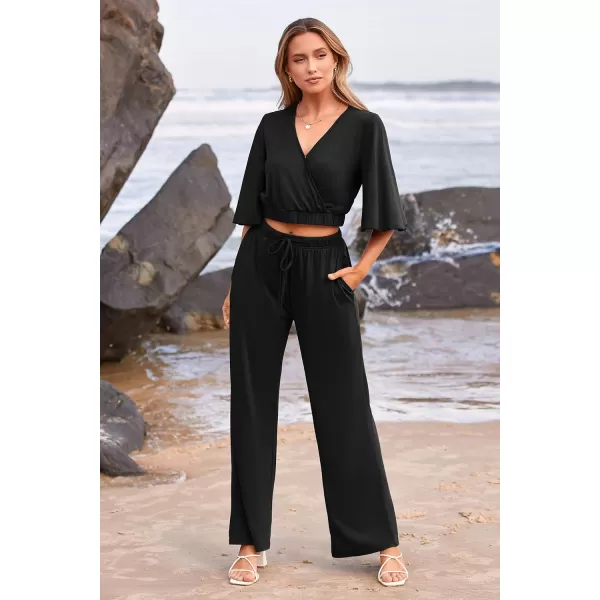 imagePRETTYGARDEN 2 Piece Outfits for Women 2023 Summer Short Sleeve Wrap V Neck Crop Tops Wide Leg Pants SetBlack