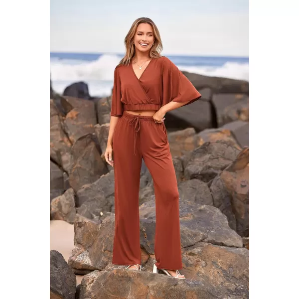 imagePRETTYGARDEN 2 Piece Outfits for Women 2023 Summer Short Sleeve Wrap V Neck Crop Tops Wide Leg Pants SetBrick Red