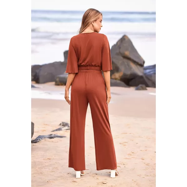 imagePRETTYGARDEN 2 Piece Outfits for Women 2023 Summer Short Sleeve Wrap V Neck Crop Tops Wide Leg Pants SetBrick Red