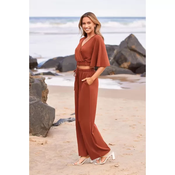 imagePRETTYGARDEN 2 Piece Outfits for Women 2023 Summer Short Sleeve Wrap V Neck Crop Tops Wide Leg Pants SetBrick Red