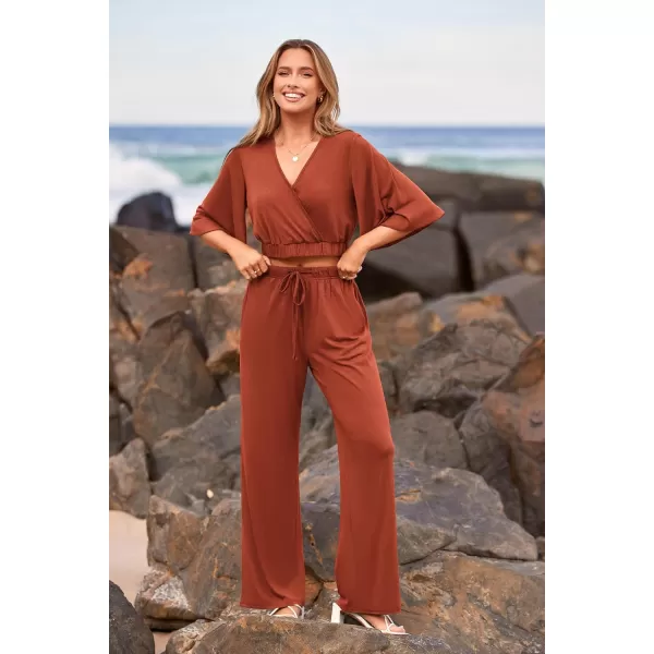 imagePRETTYGARDEN 2 Piece Outfits for Women 2023 Summer Short Sleeve Wrap V Neck Crop Tops Wide Leg Pants SetBrick Red