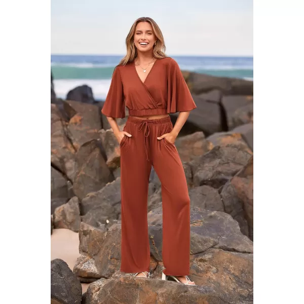imagePRETTYGARDEN 2 Piece Outfits for Women 2023 Summer Short Sleeve Wrap V Neck Crop Tops Wide Leg Pants SetBrick Red