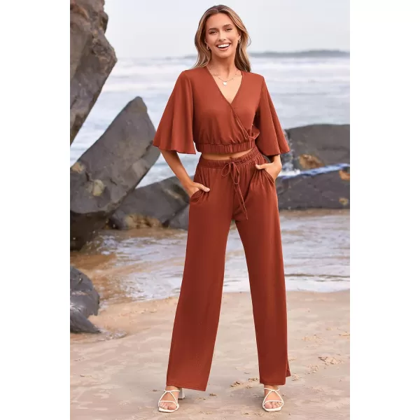 imagePRETTYGARDEN 2 Piece Outfits for Women 2023 Summer Short Sleeve Wrap V Neck Crop Tops Wide Leg Pants SetBrick Red