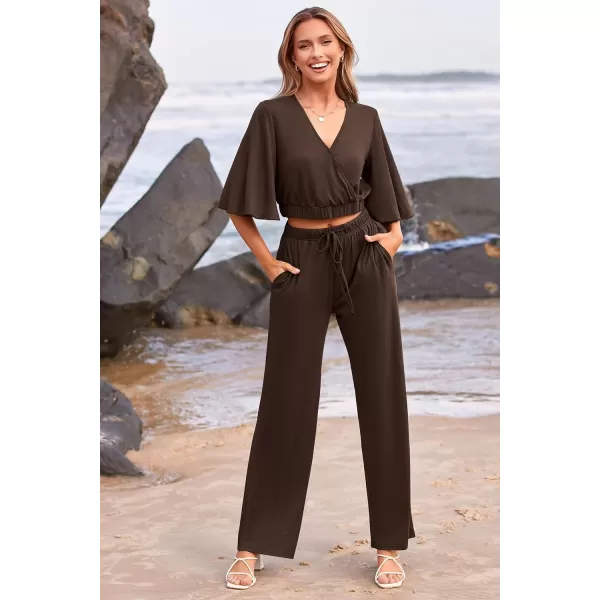 imagePRETTYGARDEN 2 Piece Outfits for Women 2023 Summer Short Sleeve Wrap V Neck Crop Tops Wide Leg Pants SetDark Brown