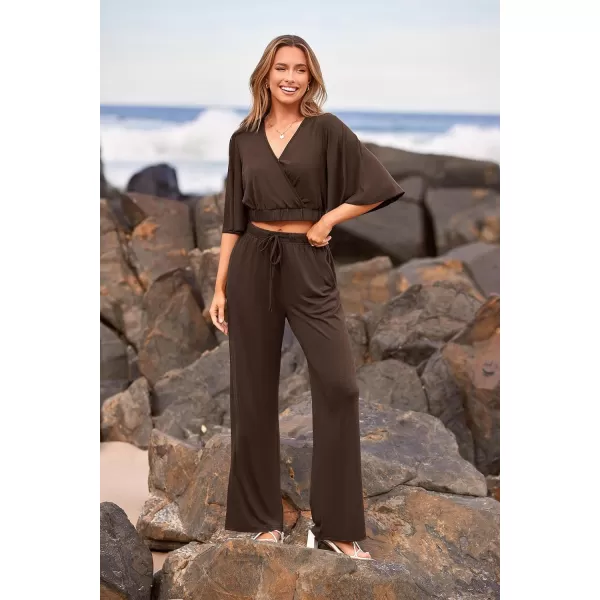 imagePRETTYGARDEN 2 Piece Outfits for Women 2023 Summer Short Sleeve Wrap V Neck Crop Tops Wide Leg Pants SetDark Brown