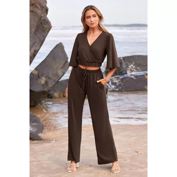 imagePRETTYGARDEN 2 Piece Outfits for Women 2023 Summer Short Sleeve Wrap V Neck Crop Tops Wide Leg Pants SetDark Brown