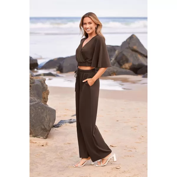 imagePRETTYGARDEN 2 Piece Outfits for Women 2023 Summer Short Sleeve Wrap V Neck Crop Tops Wide Leg Pants SetDark Brown