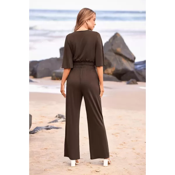 imagePRETTYGARDEN 2 Piece Outfits for Women 2023 Summer Short Sleeve Wrap V Neck Crop Tops Wide Leg Pants SetDark Brown