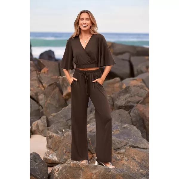 imagePRETTYGARDEN 2 Piece Outfits for Women 2023 Summer Short Sleeve Wrap V Neck Crop Tops Wide Leg Pants SetDark Brown