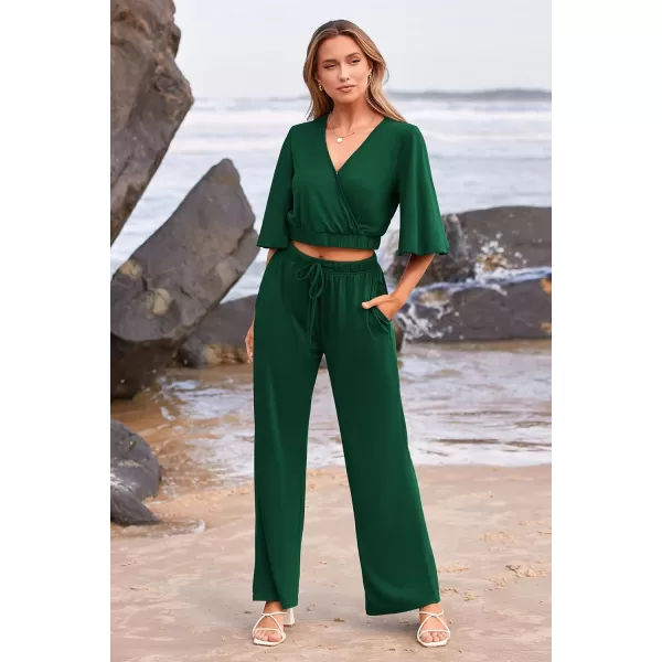 imagePRETTYGARDEN 2 Piece Outfits for Women 2023 Summer Short Sleeve Wrap V Neck Crop Tops Wide Leg Pants SetDark Green