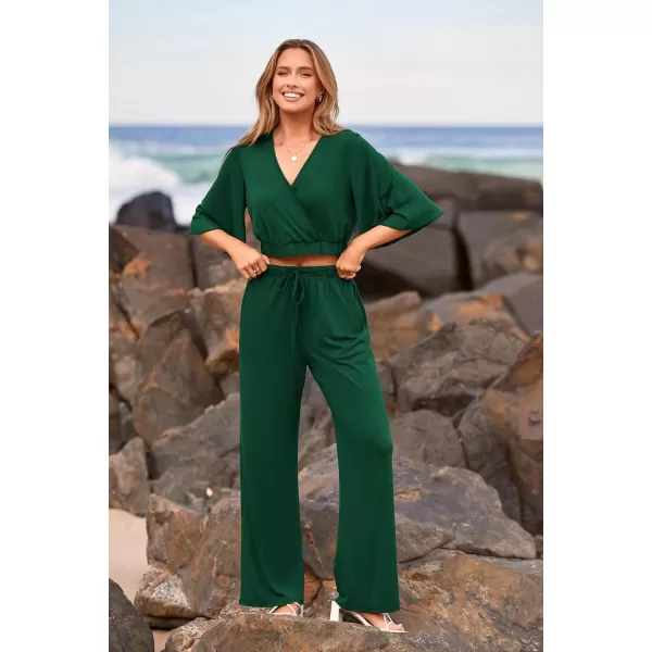 imagePRETTYGARDEN 2 Piece Outfits for Women 2023 Summer Short Sleeve Wrap V Neck Crop Tops Wide Leg Pants SetDark Green