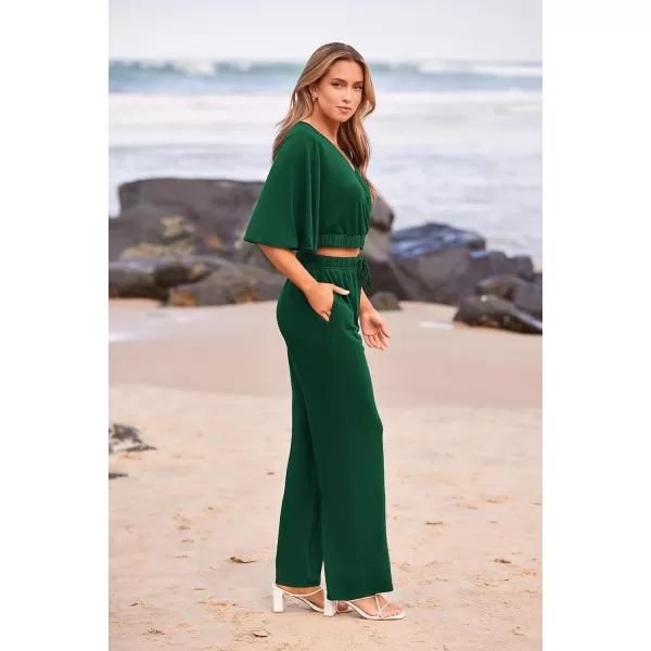 imagePRETTYGARDEN 2 Piece Outfits for Women 2023 Summer Short Sleeve Wrap V Neck Crop Tops Wide Leg Pants SetDark Green