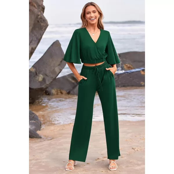 imagePRETTYGARDEN 2 Piece Outfits for Women 2023 Summer Short Sleeve Wrap V Neck Crop Tops Wide Leg Pants SetDark Green