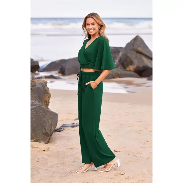 imagePRETTYGARDEN 2 Piece Outfits for Women 2023 Summer Short Sleeve Wrap V Neck Crop Tops Wide Leg Pants SetDark Green