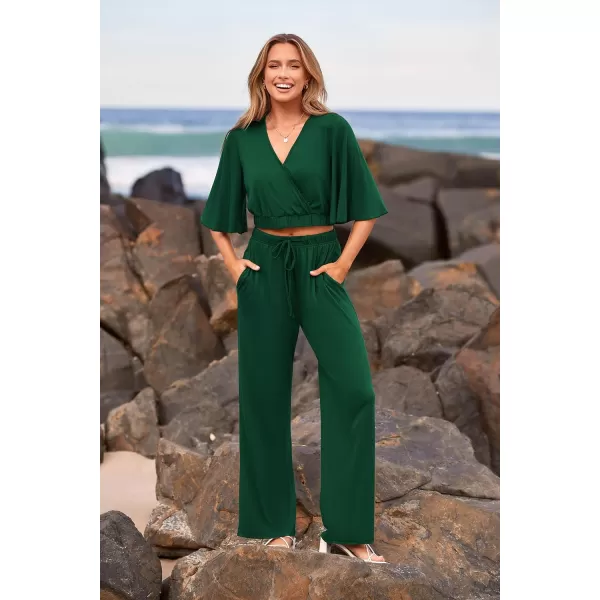 imagePRETTYGARDEN 2 Piece Outfits for Women 2023 Summer Short Sleeve Wrap V Neck Crop Tops Wide Leg Pants SetDark Green