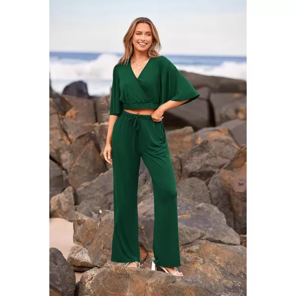 imagePRETTYGARDEN 2 Piece Outfits for Women 2023 Summer Short Sleeve Wrap V Neck Crop Tops Wide Leg Pants SetDark Green