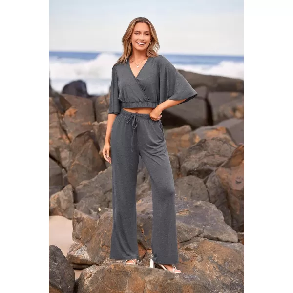 imagePRETTYGARDEN 2 Piece Outfits for Women 2023 Summer Short Sleeve Wrap V Neck Crop Tops Wide Leg Pants SetDark Grey