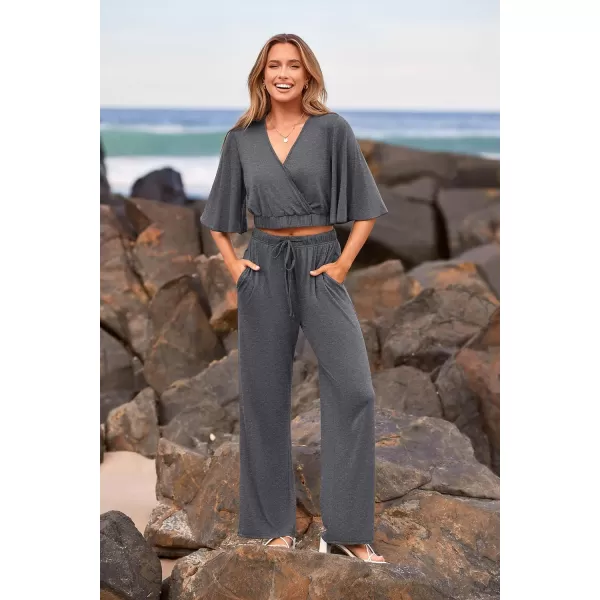 imagePRETTYGARDEN 2 Piece Outfits for Women 2023 Summer Short Sleeve Wrap V Neck Crop Tops Wide Leg Pants SetDark Grey