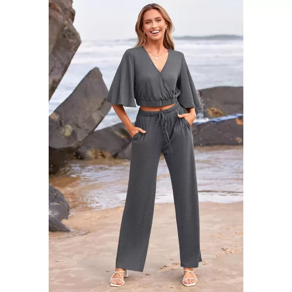 imagePRETTYGARDEN 2 Piece Outfits for Women 2023 Summer Short Sleeve Wrap V Neck Crop Tops Wide Leg Pants SetDark Grey