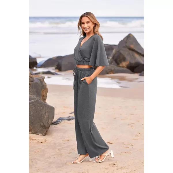 imagePRETTYGARDEN 2 Piece Outfits for Women 2023 Summer Short Sleeve Wrap V Neck Crop Tops Wide Leg Pants SetDark Grey