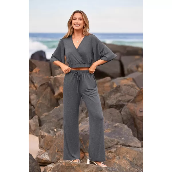 imagePRETTYGARDEN 2 Piece Outfits for Women 2023 Summer Short Sleeve Wrap V Neck Crop Tops Wide Leg Pants SetDark Grey