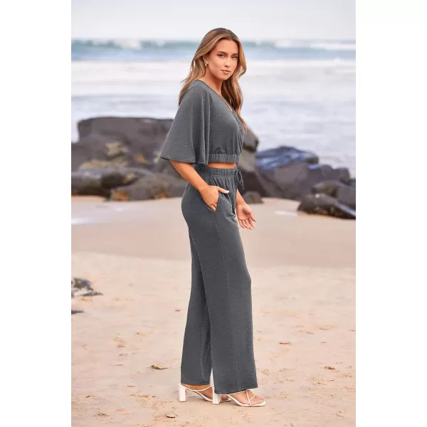 imagePRETTYGARDEN 2 Piece Outfits for Women 2023 Summer Short Sleeve Wrap V Neck Crop Tops Wide Leg Pants SetDark Grey