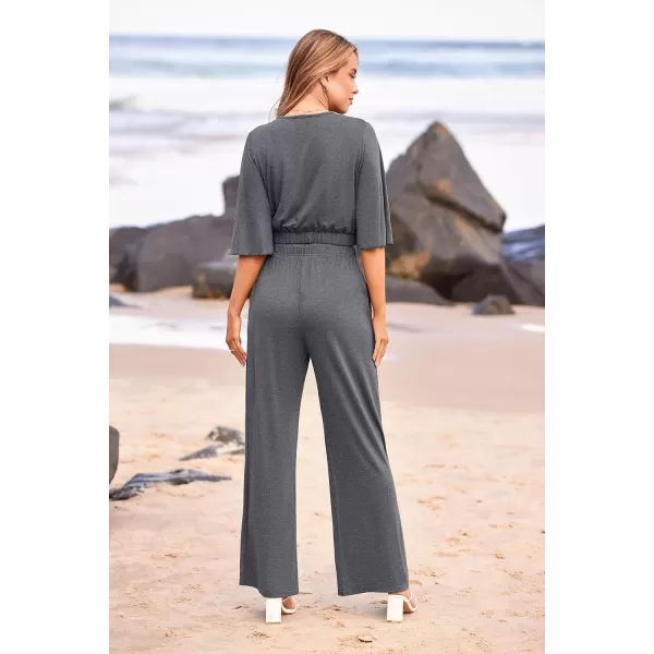 imagePRETTYGARDEN 2 Piece Outfits for Women 2023 Summer Short Sleeve Wrap V Neck Crop Tops Wide Leg Pants SetDark Grey