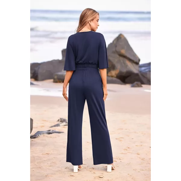 imagePRETTYGARDEN 2 Piece Outfits for Women 2023 Summer Short Sleeve Wrap V Neck Crop Tops Wide Leg Pants SetNavy