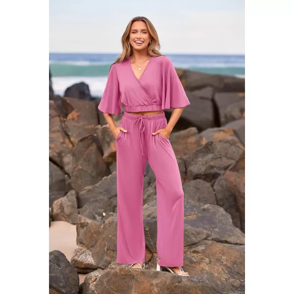 imagePRETTYGARDEN 2 Piece Outfits for Women 2023 Summer Short Sleeve Wrap V Neck Crop Tops Wide Leg Pants SetPink
