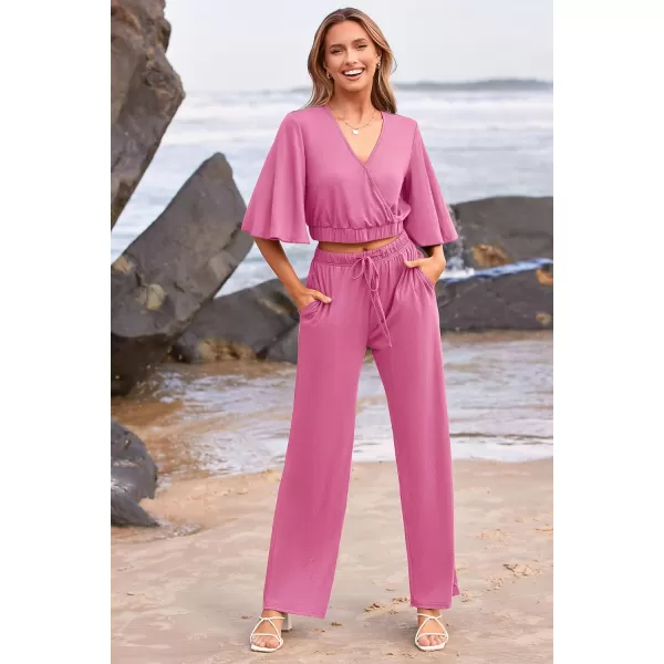 imagePRETTYGARDEN 2 Piece Outfits for Women 2023 Summer Short Sleeve Wrap V Neck Crop Tops Wide Leg Pants SetPink