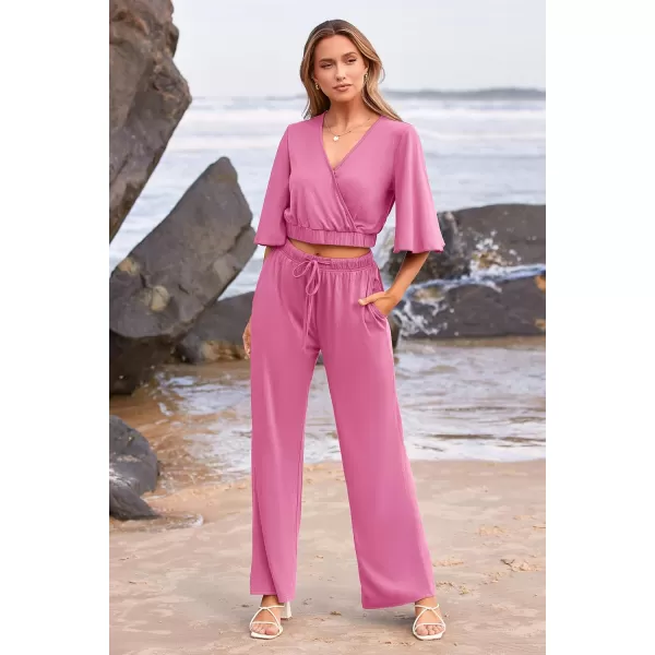 imagePRETTYGARDEN 2 Piece Outfits for Women 2023 Summer Short Sleeve Wrap V Neck Crop Tops Wide Leg Pants SetPink