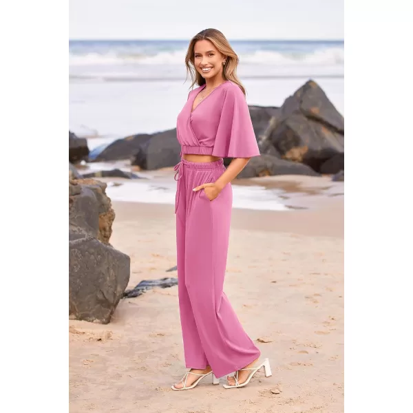 imagePRETTYGARDEN 2 Piece Outfits for Women 2023 Summer Short Sleeve Wrap V Neck Crop Tops Wide Leg Pants SetPink