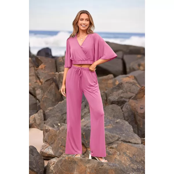 imagePRETTYGARDEN 2 Piece Outfits for Women 2023 Summer Short Sleeve Wrap V Neck Crop Tops Wide Leg Pants SetPink