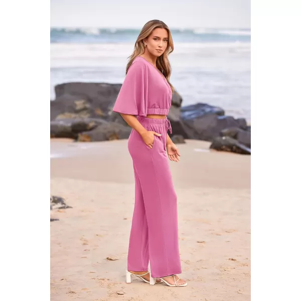 imagePRETTYGARDEN 2 Piece Outfits for Women 2023 Summer Short Sleeve Wrap V Neck Crop Tops Wide Leg Pants SetPink
