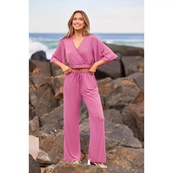 imagePRETTYGARDEN 2 Piece Outfits for Women 2023 Summer Short Sleeve Wrap V Neck Crop Tops Wide Leg Pants SetPink