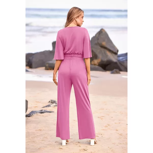 imagePRETTYGARDEN 2 Piece Outfits for Women 2023 Summer Short Sleeve Wrap V Neck Crop Tops Wide Leg Pants SetPink