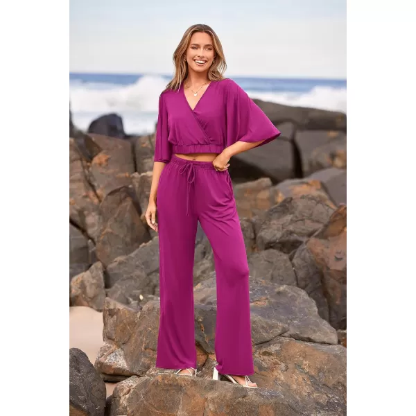 imagePRETTYGARDEN 2 Piece Outfits for Women 2023 Summer Short Sleeve Wrap V Neck Crop Tops Wide Leg Pants SetPurple Red