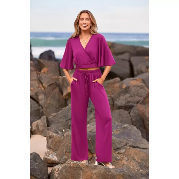 imagePRETTYGARDEN 2 Piece Outfits for Women 2023 Summer Short Sleeve Wrap V Neck Crop Tops Wide Leg Pants SetPurple Red