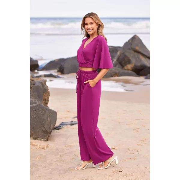 imagePRETTYGARDEN 2 Piece Outfits for Women 2023 Summer Short Sleeve Wrap V Neck Crop Tops Wide Leg Pants SetPurple Red