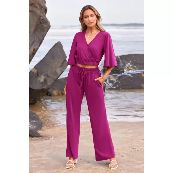 imagePRETTYGARDEN 2 Piece Outfits for Women 2023 Summer Short Sleeve Wrap V Neck Crop Tops Wide Leg Pants SetPurple Red