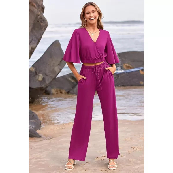 imagePRETTYGARDEN 2 Piece Outfits for Women 2023 Summer Short Sleeve Wrap V Neck Crop Tops Wide Leg Pants SetPurple Red