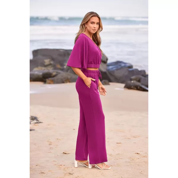 imagePRETTYGARDEN 2 Piece Outfits for Women 2023 Summer Short Sleeve Wrap V Neck Crop Tops Wide Leg Pants SetPurple Red