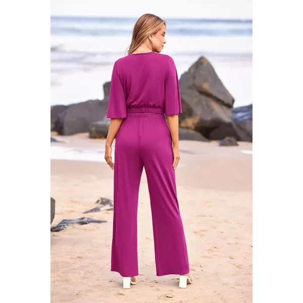 imagePRETTYGARDEN 2 Piece Outfits for Women 2023 Summer Short Sleeve Wrap V Neck Crop Tops Wide Leg Pants SetPurple Red