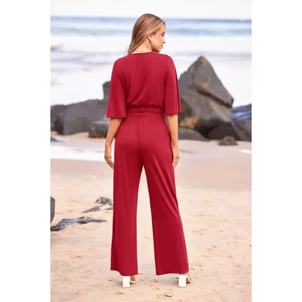 imagePRETTYGARDEN 2 Piece Outfits for Women 2023 Summer Short Sleeve Wrap V Neck Crop Tops Wide Leg Pants SetRed