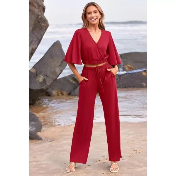imagePRETTYGARDEN 2 Piece Outfits for Women 2023 Summer Short Sleeve Wrap V Neck Crop Tops Wide Leg Pants SetRed