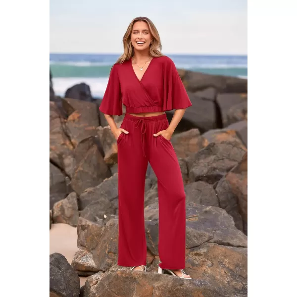 imagePRETTYGARDEN 2 Piece Outfits for Women 2023 Summer Short Sleeve Wrap V Neck Crop Tops Wide Leg Pants SetRed
