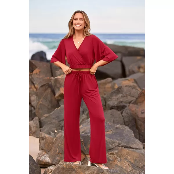 imagePRETTYGARDEN 2 Piece Outfits for Women 2023 Summer Short Sleeve Wrap V Neck Crop Tops Wide Leg Pants SetRed