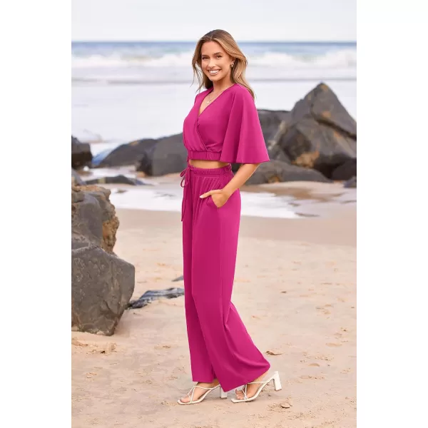 imagePRETTYGARDEN 2 Piece Outfits for Women 2023 Summer Short Sleeve Wrap V Neck Crop Tops Wide Leg Pants SetRose Red